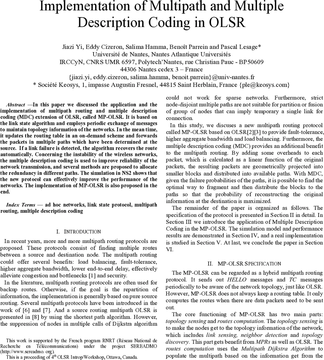 Implementation of Multipath and Multiple Description Coding in OLSR