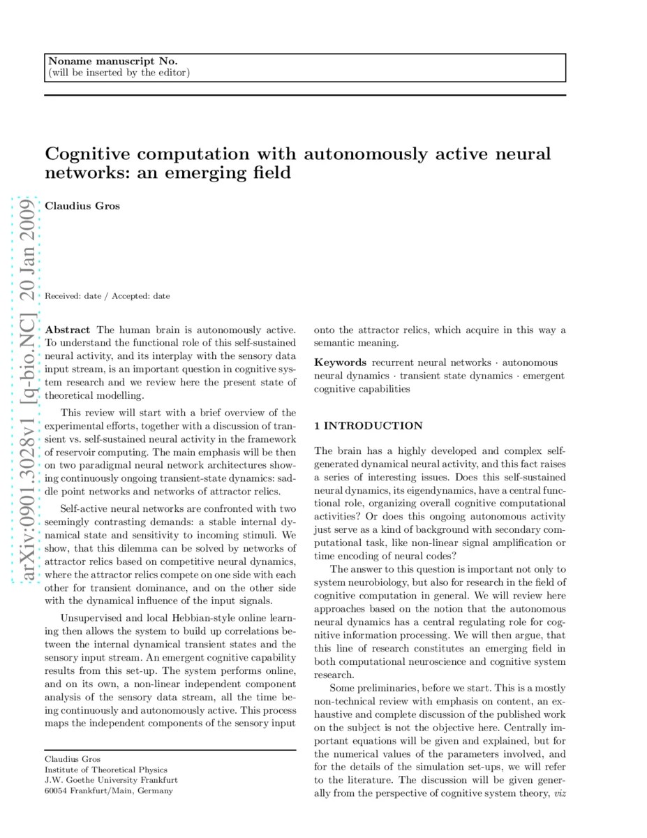 Cognitive computation with autonomously active neural networks: an   emerging field