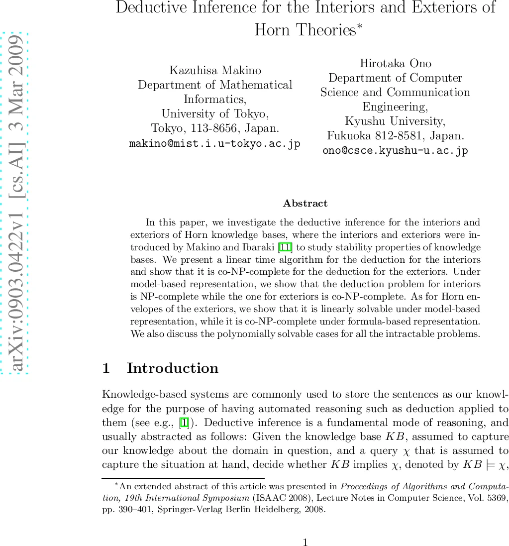 Deductive Inference for the Interiors and Exteriors of Horn Theories