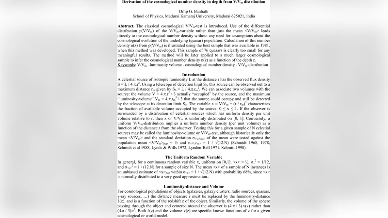 Derivation of the cosmological number density in depth from V/Vm   distribution