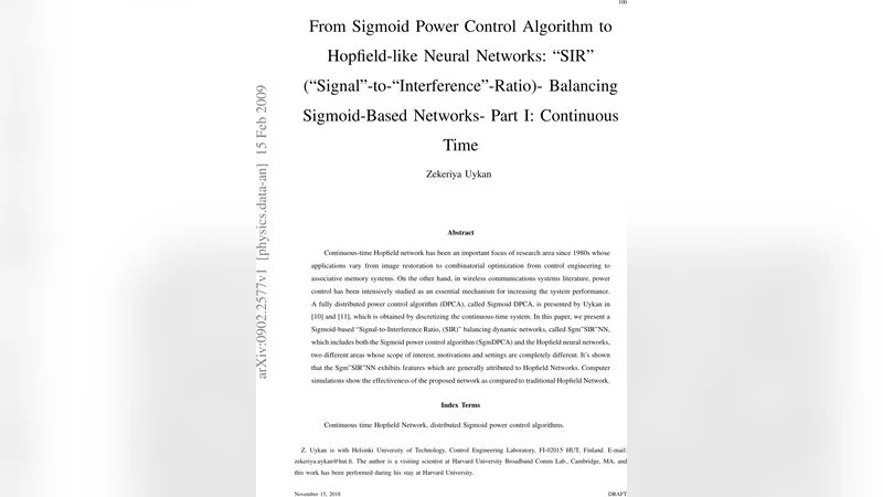 From Sigmoid Power Control Algorithm to Hopfield-like Neural Networks:   "SIR" ("Signal"-to-"Interference"-Ratio)-Balancing Sigmoid-Based Networks-   Part I: Continuous Time