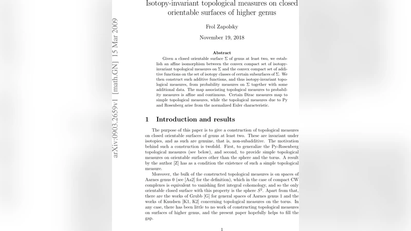 Isotopy-invariant topological measures on closed orientable surfaces of   higher genus