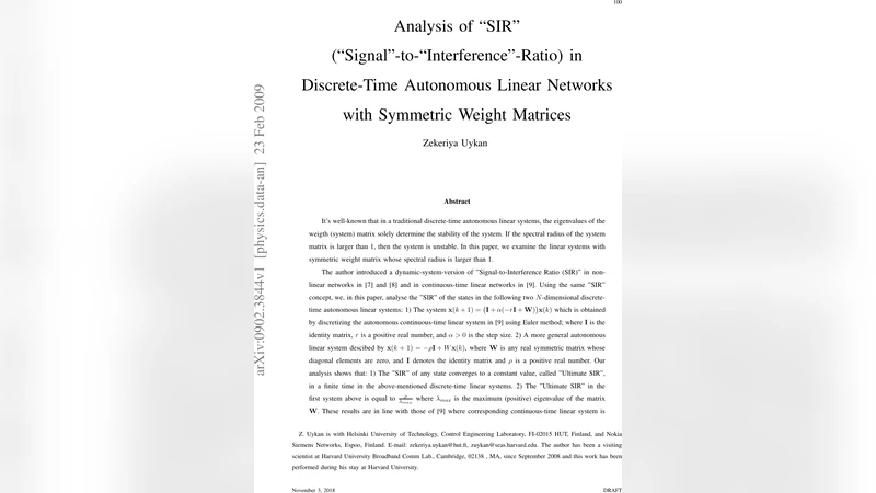 Analysis of "SIR" ("Signal"-to-"Interference"-Ratio) in Discrete-Time   Autonomous Linear Networks with Symmetric Weight Matrices