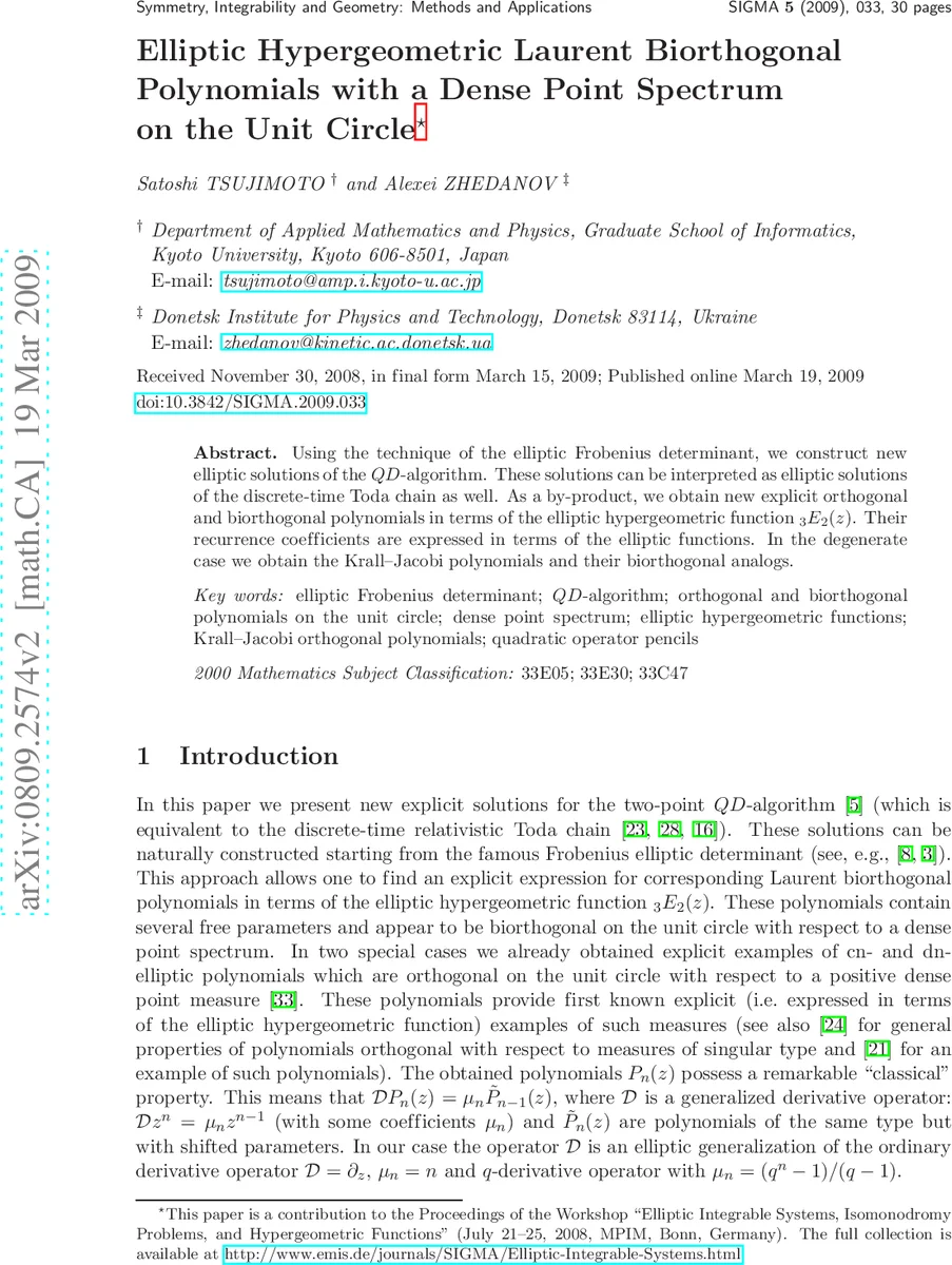 Elliptic Hypergeometric Laurent Biorthogonal Polynomials with a Dense   Point Spectrum on the Unit Circle