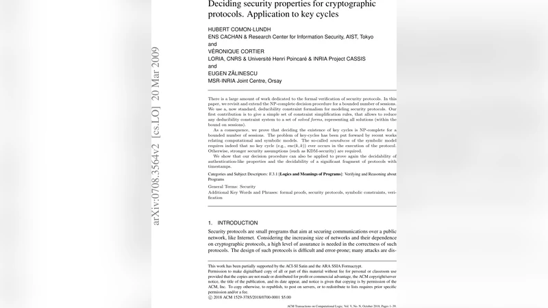 Deciding security properties for cryptographic protocols. Application to   key cycles