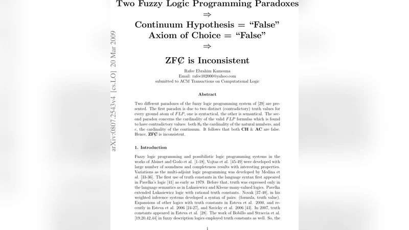 Two Fuzzy Logic Programming Paradoxes Imply Continuum Hypothesis="False"   & Axiom of Choice="False" Imply ZFC is Inconsistent