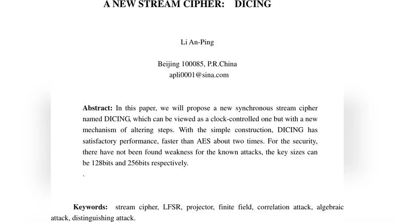 A New Stream Cipher: Dicing