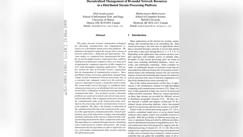 Decentralized Management of Bi-modal Network Resources in a Distributed   Stream Processing Platform