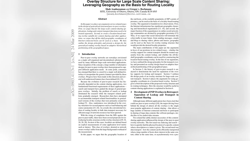 Overlay Structure for Large Scale Content Sharing: Leveraging Geography   as the Basis for Routing Locality