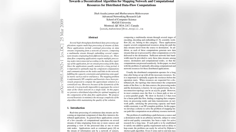 Towards a decentralized algorithm for mapping network and computational   resources for distributed data-flow computations