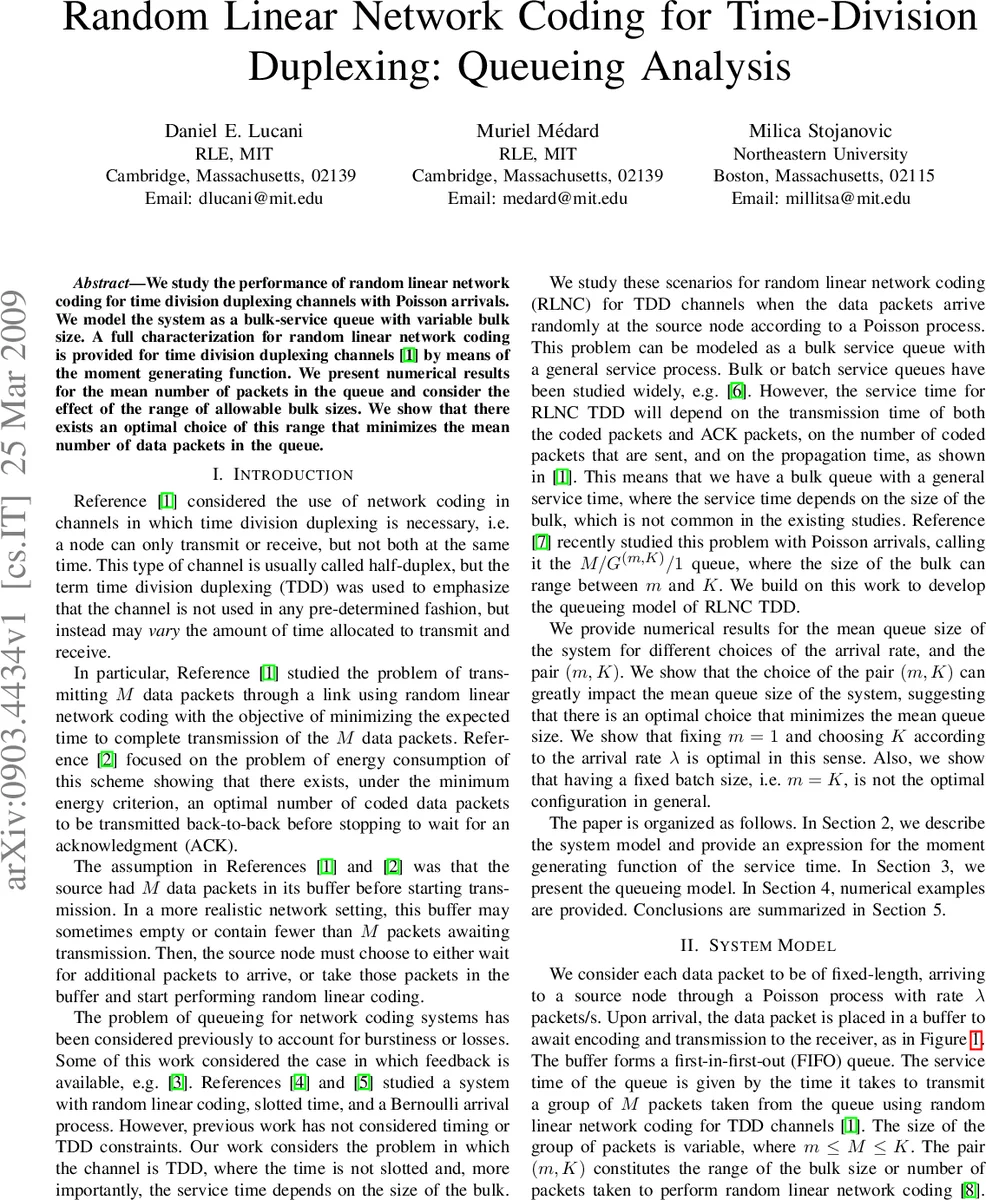 Random Linear Network Coding for Time-Division Duplexing: Queueing   Analysis