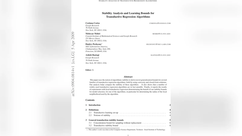 Stability Analysis and Learning Bounds for Transductive Regression   Algorithms