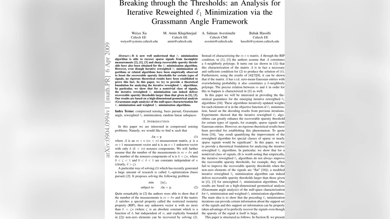 Breaking through the Thresholds: an Analysis for Iterative Reweighted   $ell_1$ Minimization via the Grassmann Angle Framework