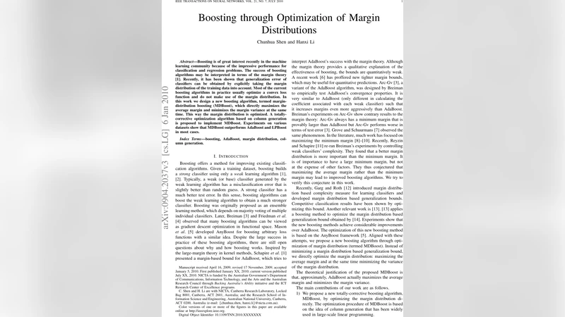Boosting through Optimization of Margin Distributions