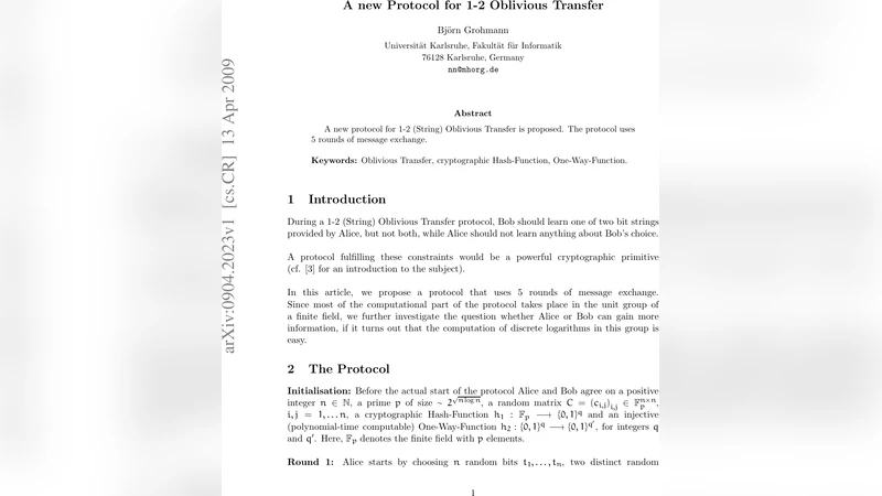 A new Protocol for 1-2 Oblivious Transfer