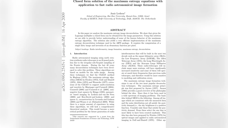 Closed form solution of the maximum entropy equations with application   to fast radio astronomical image formation