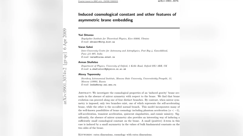 Induced cosmological constant and other features of asymmetric brane   embedding