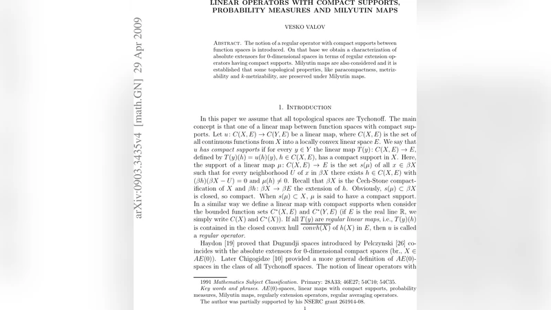 Linear operators with compact supports, probability measures and   Milyutin maps