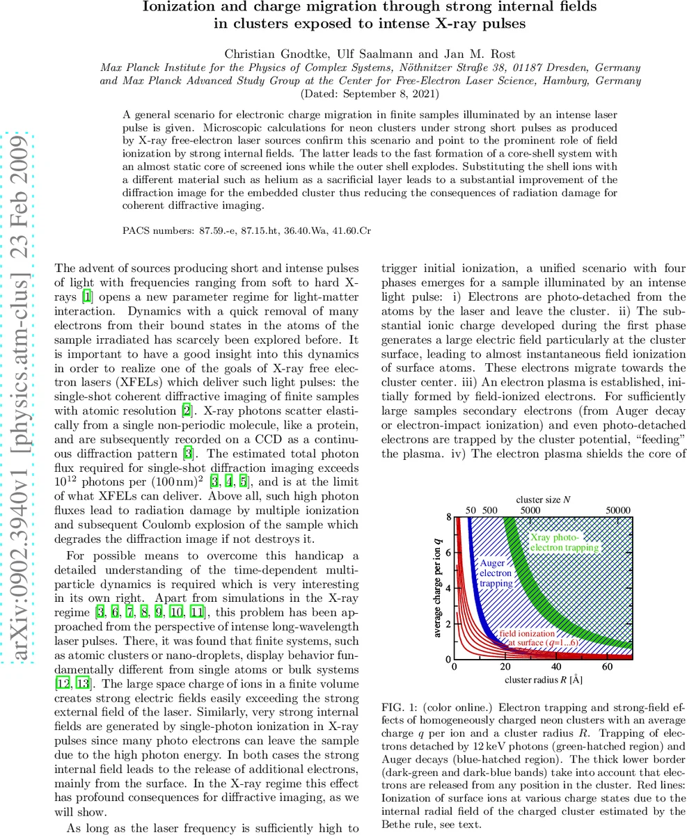 Ionization and charge migration through strong internal fields in   clusters exposed to intense X-ray pulses