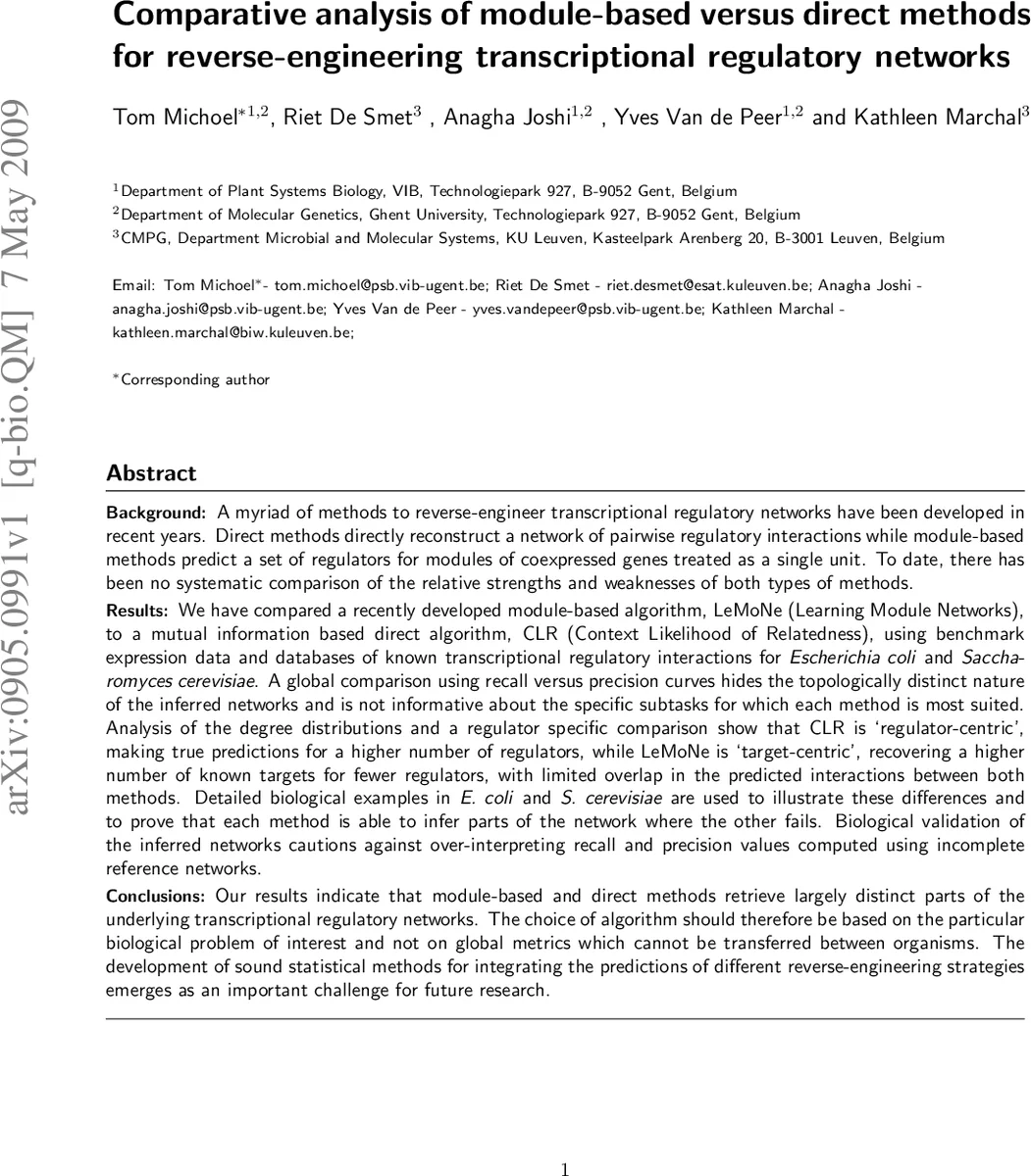 Comparative analysis of module-based versus direct methods for   reverse-engineering transcriptional regulatory networks