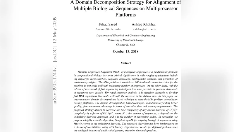 A Domain Decomposition Strategy for Alignment of Multiple Biological   Sequences on Multiprocessor Platforms