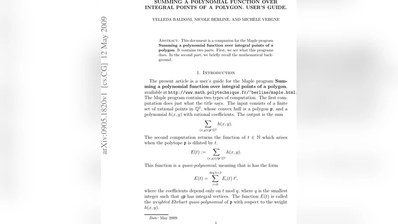 Summing a polynomial function over integral points of a polygon. Users   guide