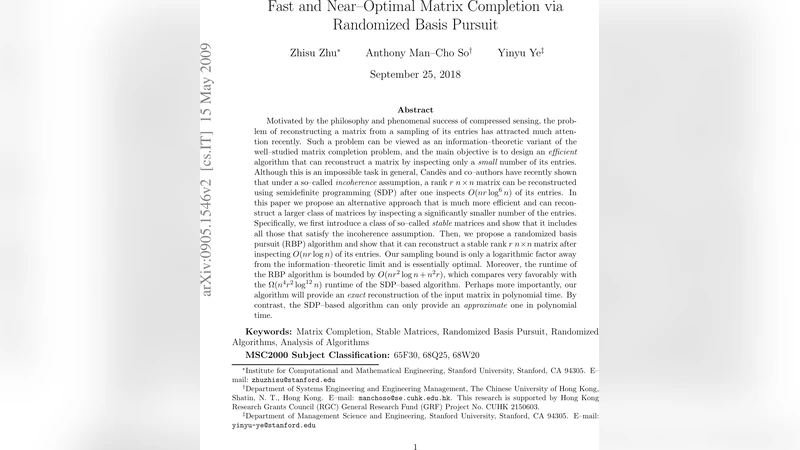 Fast and Near-Optimal Matrix Completion via Randomized Basis Pursuit