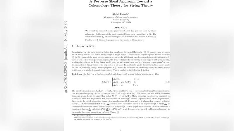 A Perverse Sheaf Approach Toward a Cohomology Theory for String Theory
