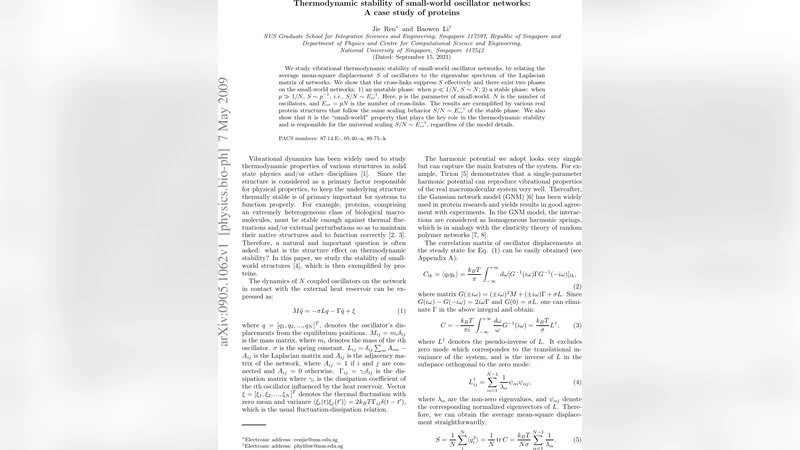 Thermodynamic stability of small-world oscillator networks: A case study   of proteins