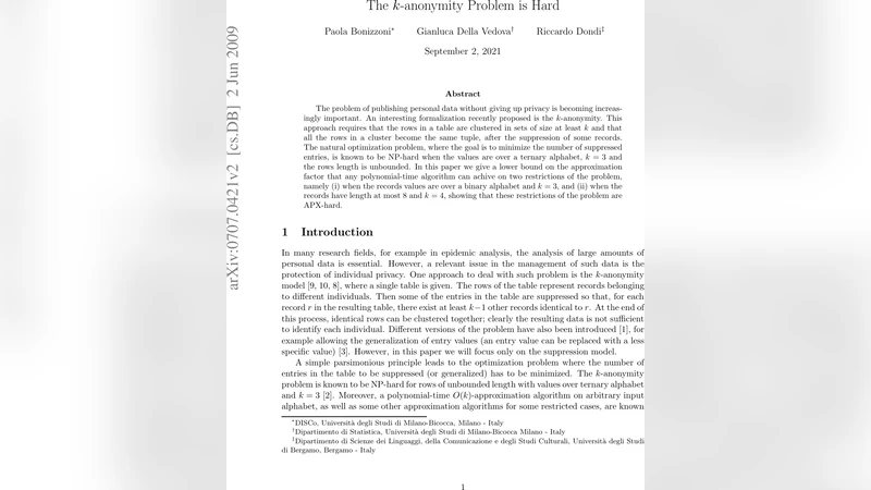 The $k$-anonymity Problem is Hard