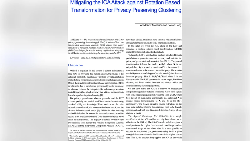 Mitigating the ICA Attack against Rotation Based Transformation for   Privacy Preserving Clustering