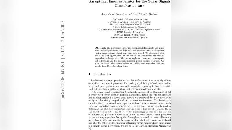 An optimal linear separator for the Sonar Signals Classification task