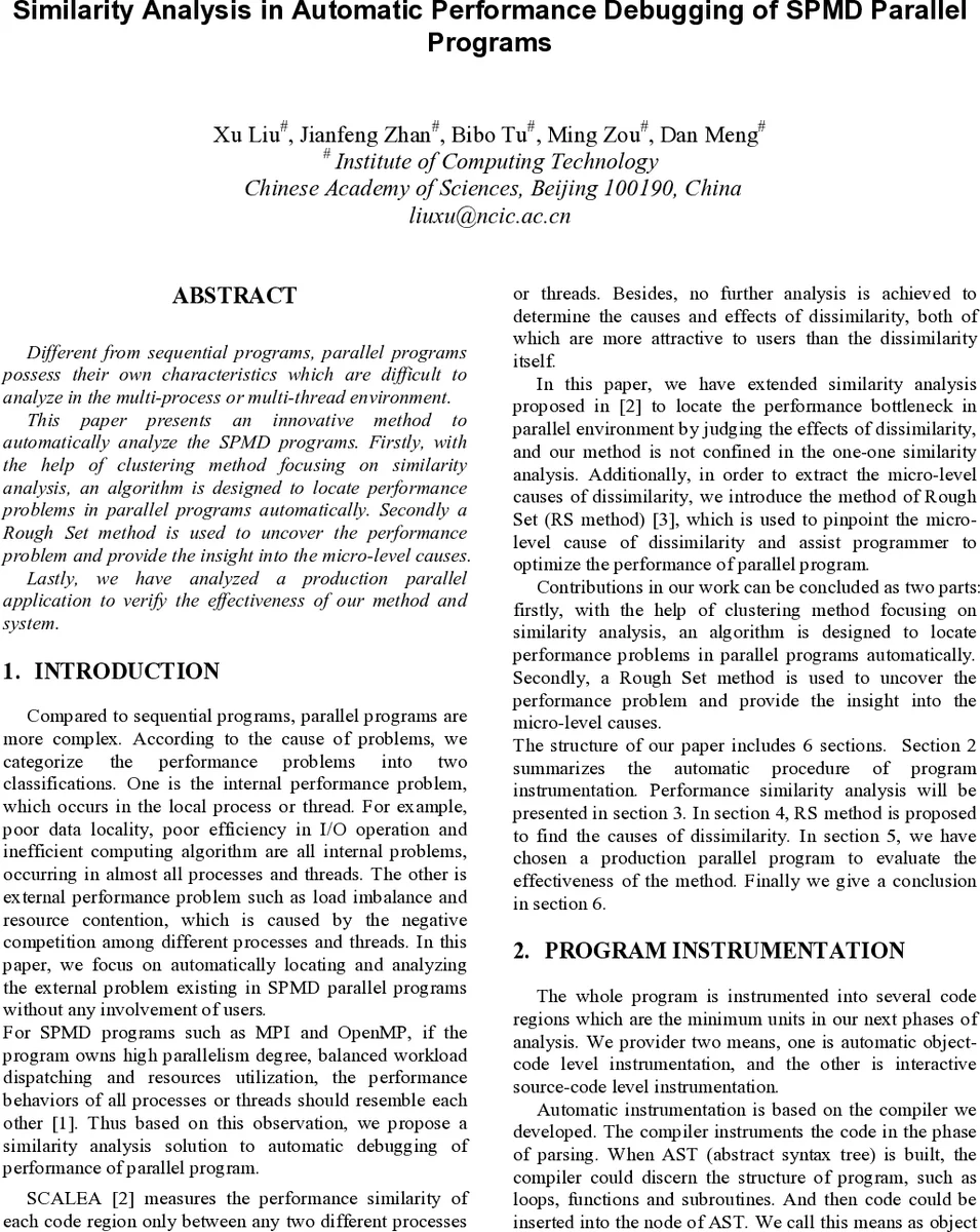 Similarity Analysis in Automatic Performance Debugging of SPMD Parallel   Programs