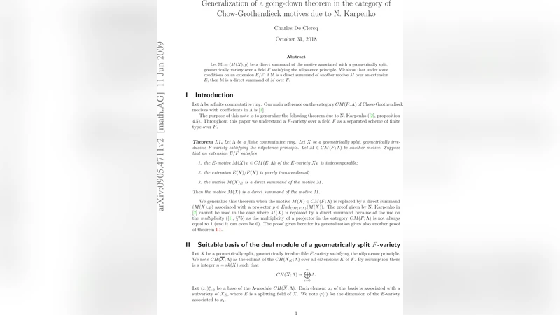 Generalization of a going-down theorem in the category of   Chow-Grothendieck motives due to N. Karpenko