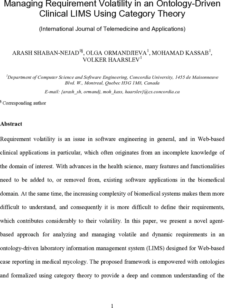 Managing Requirement Volatility in an Ontology-Driven Clinical LIMS   Using Category Theory. International Journal of Telemedicine and Applications