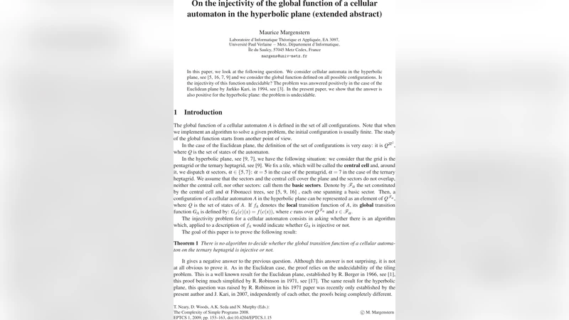 On the injectivity of the global function of a cellular automaton in the   hyperbolic plane (extended abstract)