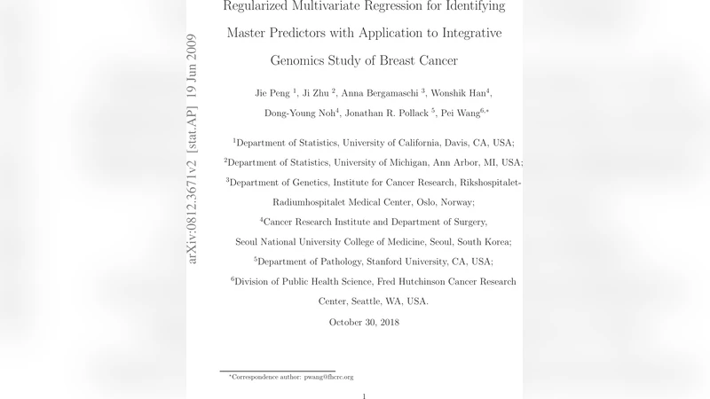 Regularized Multivariate Regression for Identifying Master Predictors   with Application to Integrative Genomics Study of Breast Cancer