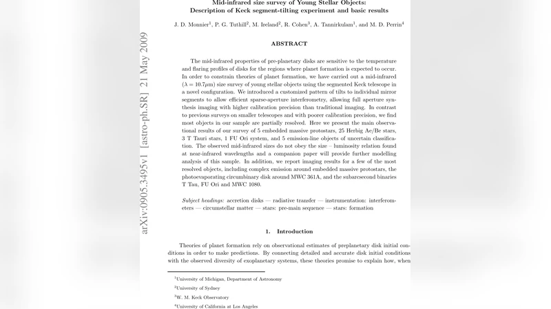 Mid-infrared size survey of Young Stellar Objects: Description of Keck   segment-tilting experiment and basic results