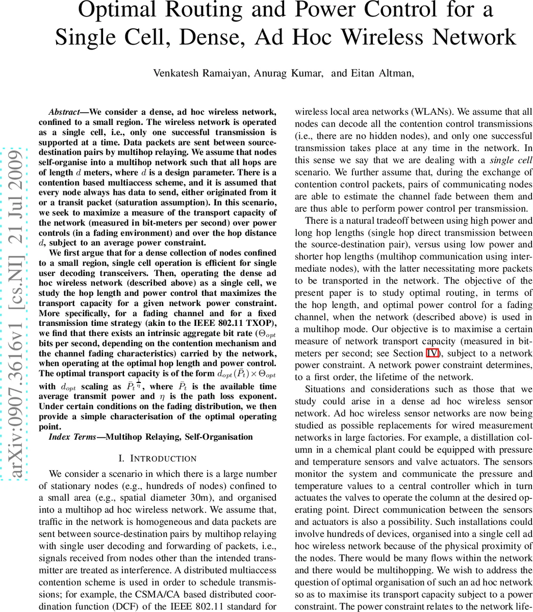Optimal Routing and Power Control for a Single Cell, Dense, Ad Hoc   Wireless Network
