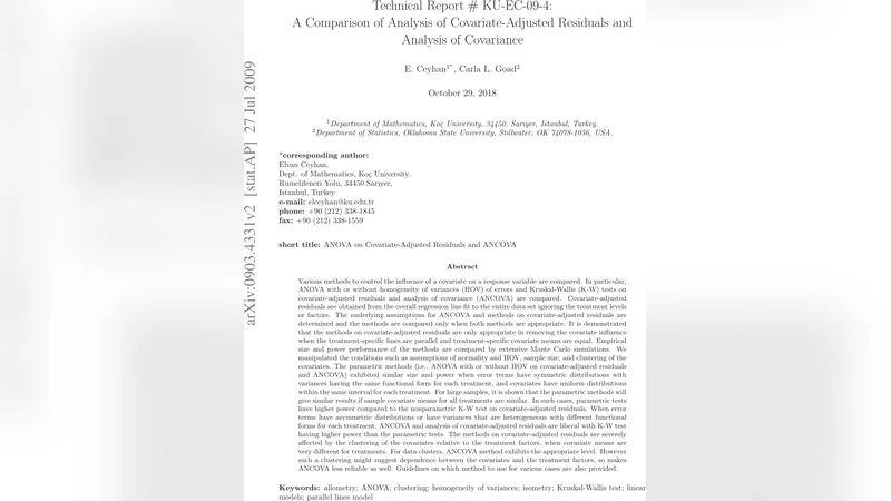 A Comparison of Analysis of Covariate-Adjusted Residuals and Analysis of   Covariance