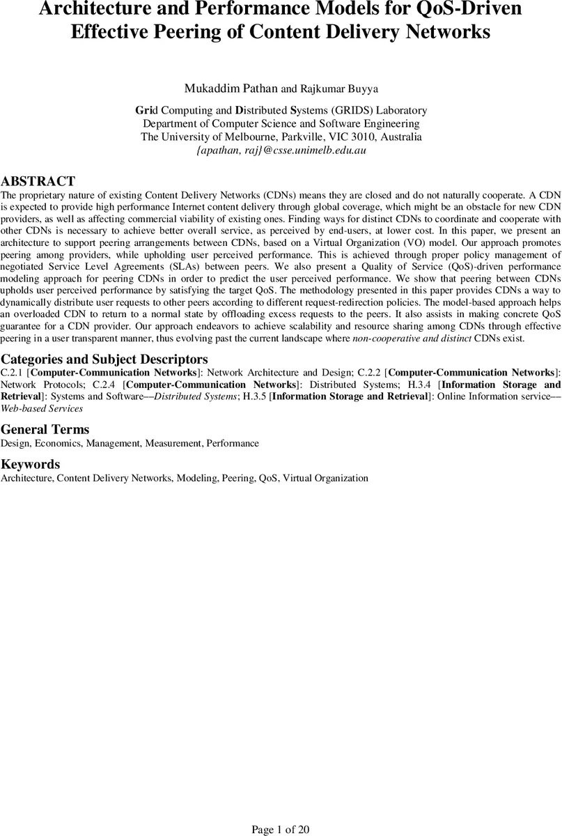 Architecture and Performance Models for QoS-Driven Effective Peering of   Content Delivery Networks