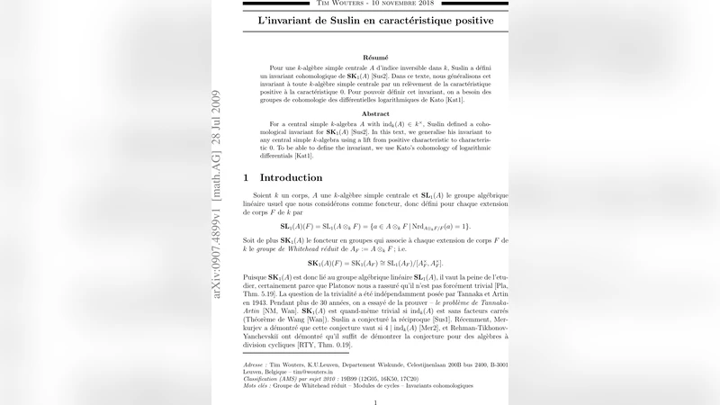 Linvariant de Suslin en caracteristique positive