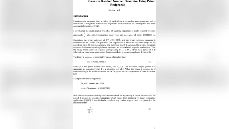 Recursive Random Number Generator Using Prime Reciprocals