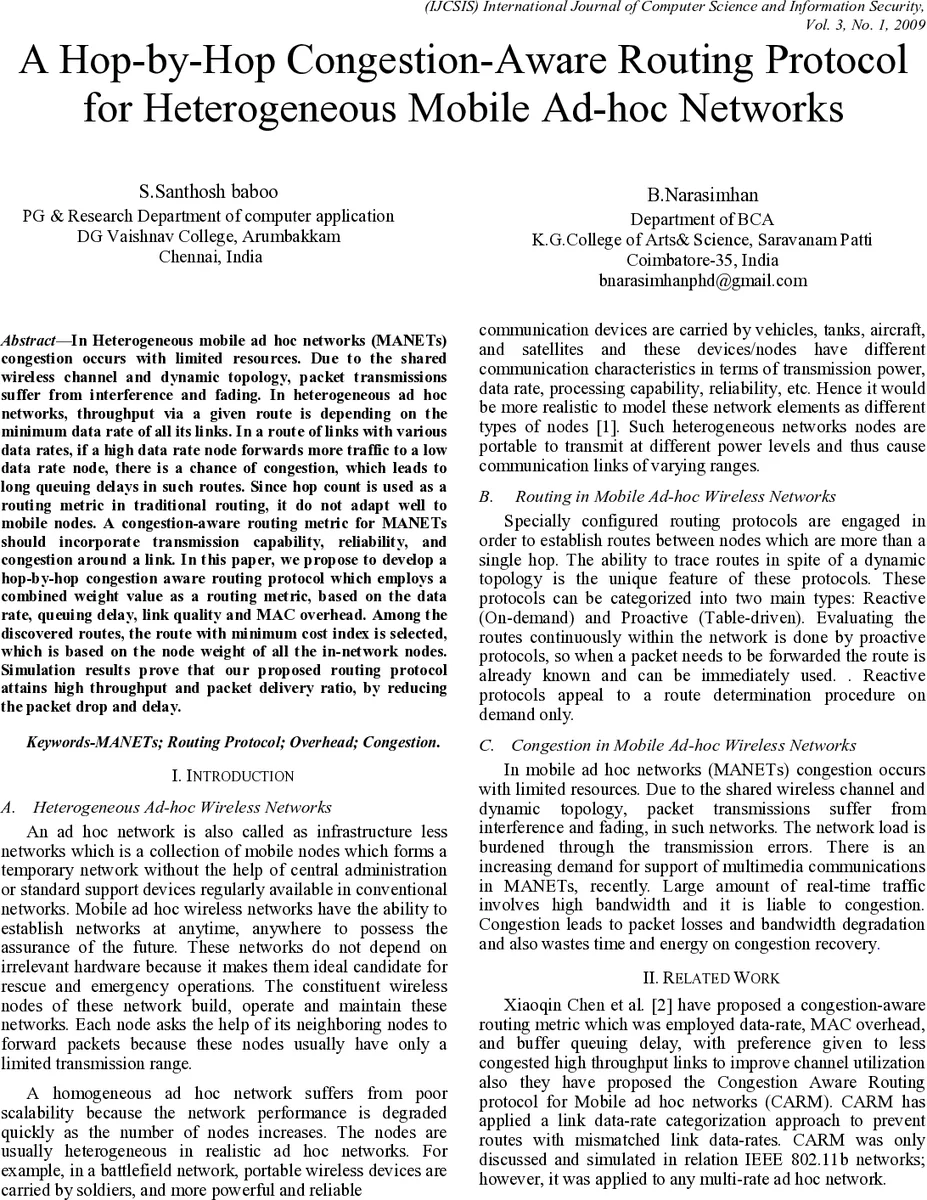 A Hop-by-Hop Congestion-Aware Routing Protocol for Heterogeneous Mobile   Ad-hoc Networks