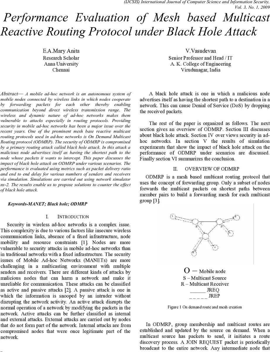 Performance Evaluation of Mesh based Multicast Reactive Routing Protocol   under Black Hole Attack