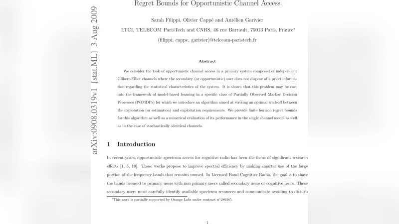 Regret Bounds for Opportunistic Channel Access