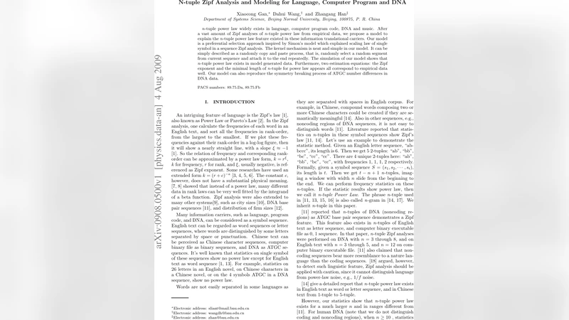 N-tuple Zipf Analysis and Modeling for Language, Computer Program and   DNA