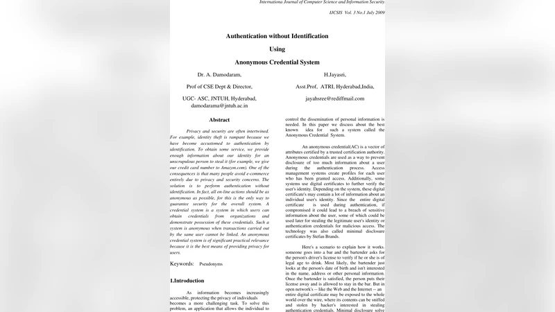 Authentication Without Identification using Anonymous Credential System