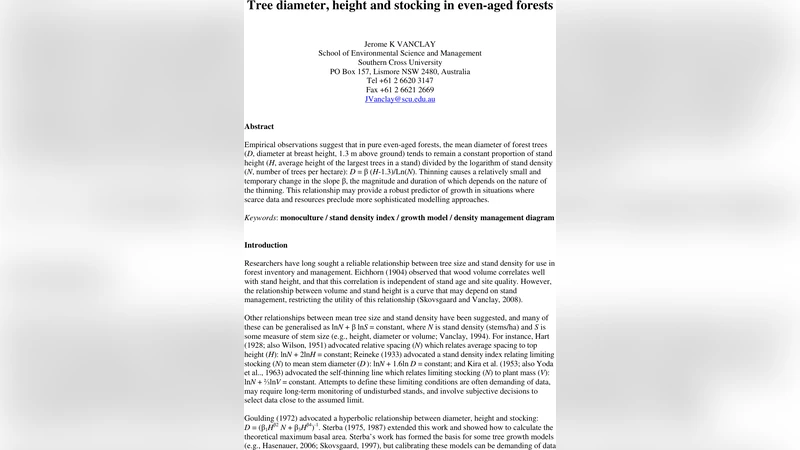 Tree diameter, height and stocking in even-aged forests
