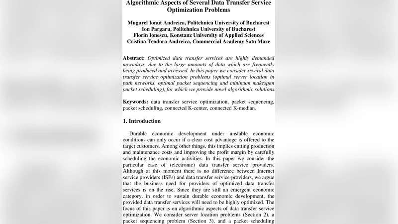 Algorithmic Aspects of Several Data Transfer Service Optimization   Problems